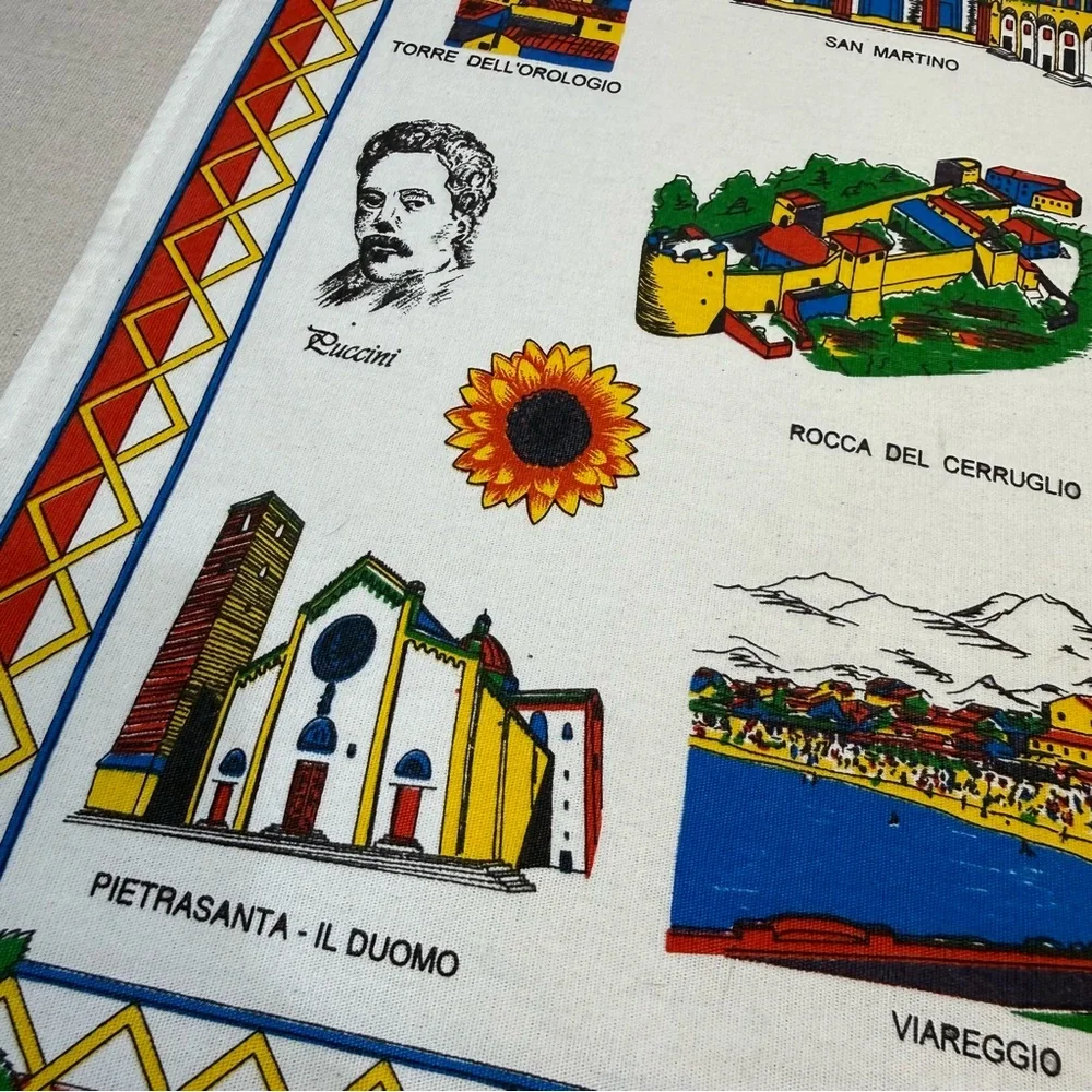 Lucca Illustrated Cotton Tea Towel - Colorful Landmark Print